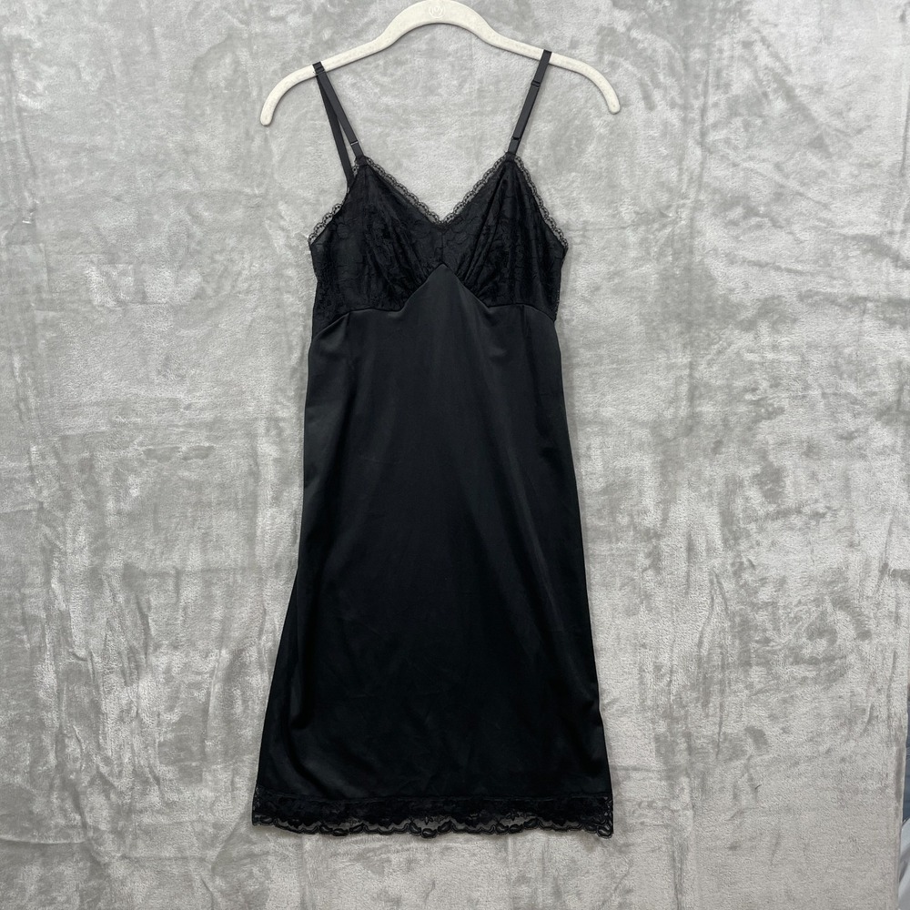 Vintage Vanity Fair Slip Dress Womens 38 S Black‎ Lace Nylon Coquette Sexy Midi
